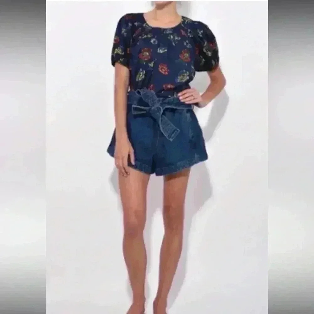 Ulla Johnson Joelle Poplin Puff Sleeve Midnight Blue Floral Top Blouse Size 0 XS - Picture 4 of 9